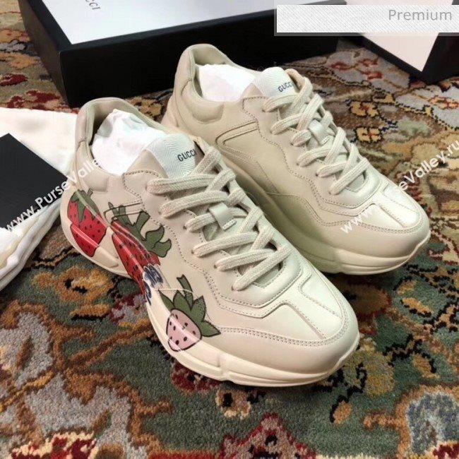 Gucci Rhyton Strawberry Print Leather Sneakers 523609 White 2019(For Women and Men) (EM-20050904)