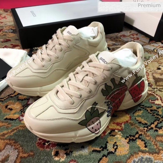 Gucci Rhyton Strawberry Print Leather Sneakers 523609 White 2019(For Women and Men) (EM-20050904)