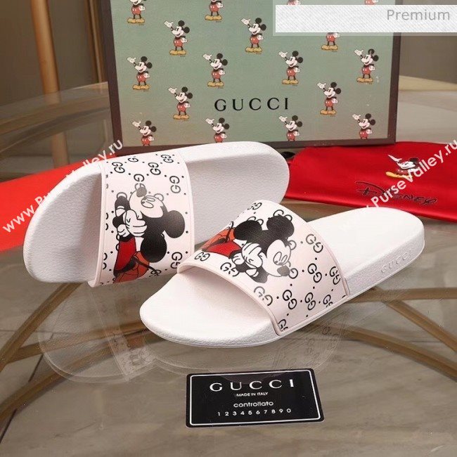 Gucci x Disney Mickey GG Print Rubber Flat Slide Sandals White 2020（For Women and Men） (MD-20050916)