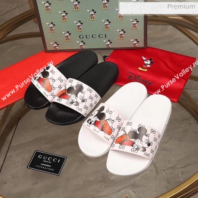 Gucci x Disney Mickey GG Print Rubber Flat Slide Sandals White/Black 2020（For Women and Men） (MD-20050917)