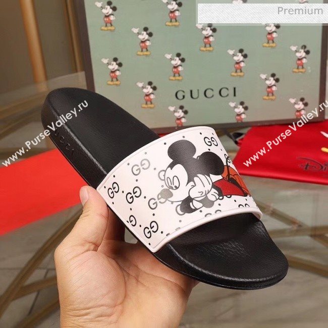 Gucci x Disney Mickey GG Print Rubber Flat Slide Sandals White/Black 2020（For Women and Men） (MD-20050917)