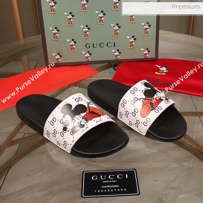 Gucci x Disney Mickey GG Print Rubber Flat Slide Sandals White/Black 2020（For Women and Men） (MD-20050917)