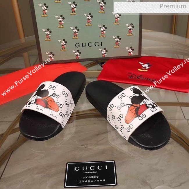 Gucci x Disney Mickey GG Print Rubber Flat Slide Sandals White/Black 2020（For Women and Men） (MD-20050917)
