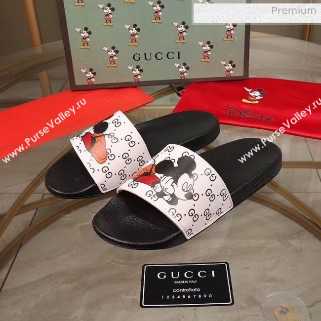 Gucci x Disney Mickey GG Print Rubber Flat Slide Sandals White/Black 2020（For Women and Men） (MD-20050917)