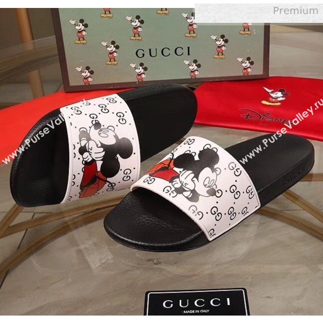 Gucci x Disney Mickey GG Print Rubber Flat Slide Sandals White/Black 2020（For Women and Men） (MD-20050917)