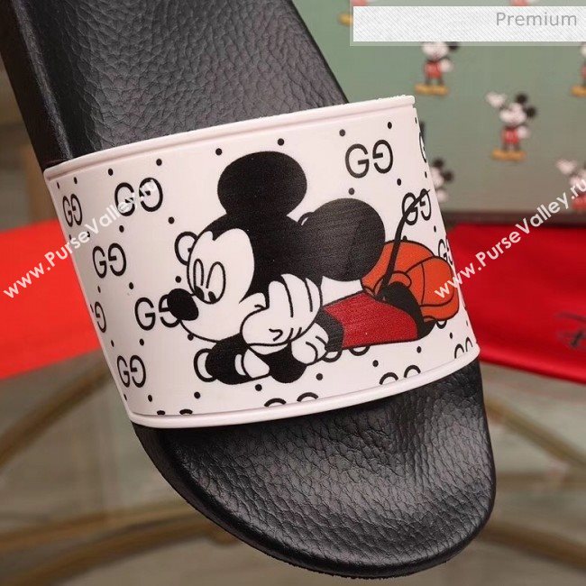 Gucci x Disney Mickey GG Print Rubber Flat Slide Sandals White/Black 2020（For Women and Men） (MD-20050917)