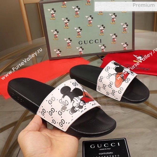Gucci x Disney Mickey GG Print Rubber Flat Slide Sandals White/Black 2020（For Women and Men） (MD-20050917)