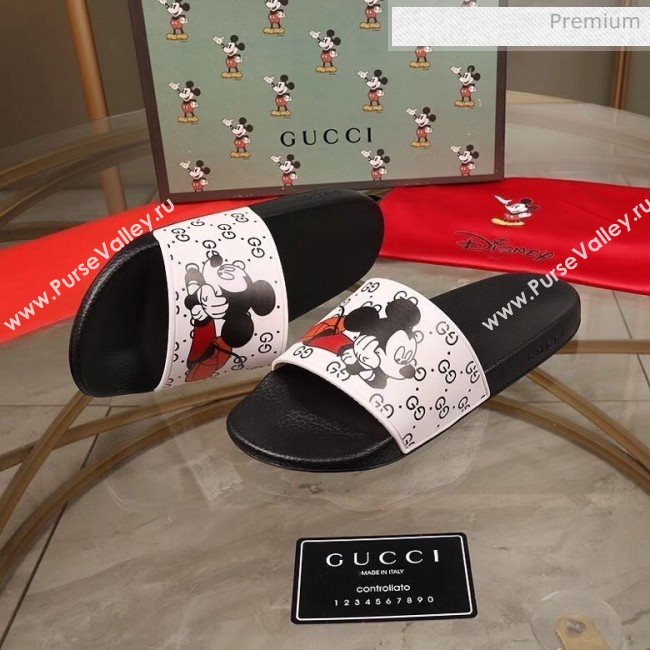 Gucci x Disney Mickey GG Print Rubber Flat Slide Sandals White/Black 2020（For Women and Men） (MD-20050917)
