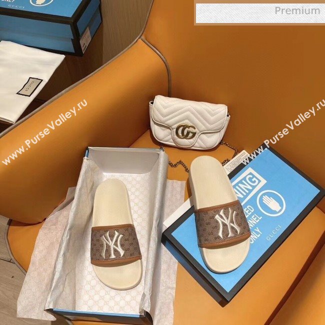 Gucci GG Canvas NY Embroidery Slide Sandal Brown/White 2020(For Women and Men) (SY-20050923)