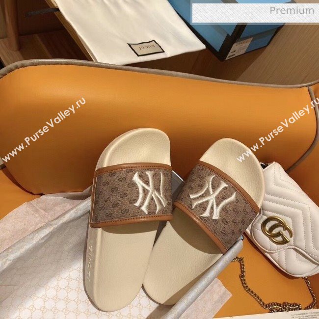 Gucci GG Canvas NY Embroidery Slide Sandal Brown/White 2020(For Women and Men) (SY-20050923)