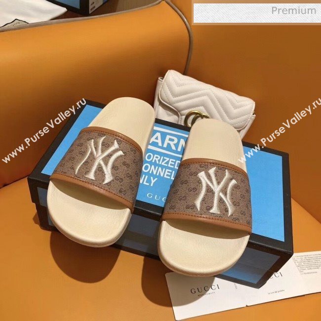 Gucci GG Canvas NY Embroidery Slide Sandal Brown/White 2020(For Women and Men) (SY-20050923)