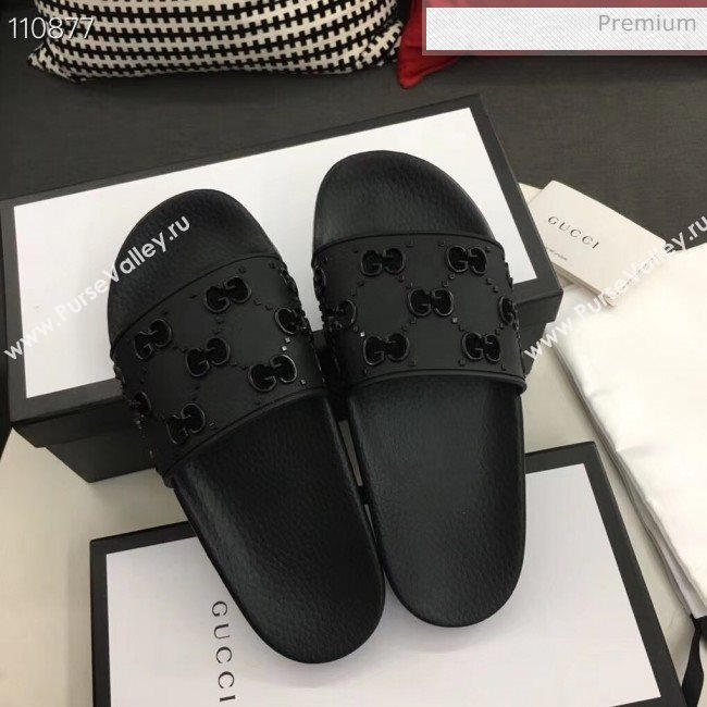 Gucci Rubber GG Slide Sandal 573922 Black 2020(For Women and Men) (ZM-20050942)