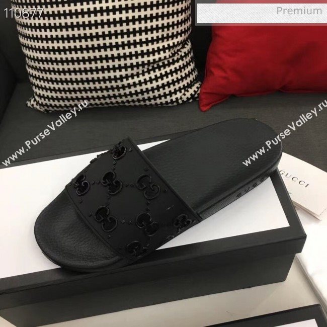 Gucci Rubber GG Slide Sandal 573922 Black 2020(For Women and Men) (ZM-20050942)