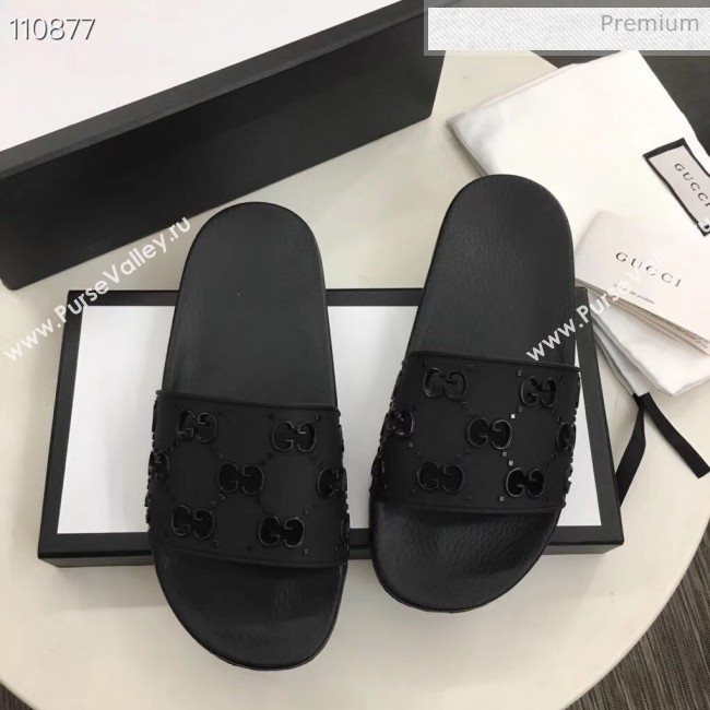 Gucci Rubber GG Slide Sandal 573922 Black 2020(For Women and Men) (ZM-20050942)