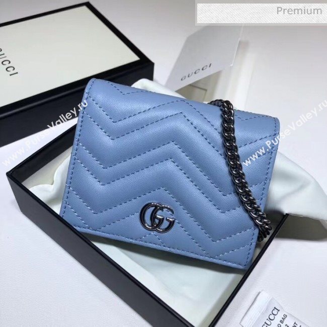 Gucci GG Marmont Matelassé Card Case Wallet With Chain 625693 Pastel Blue 2020 (DLH-20051117)