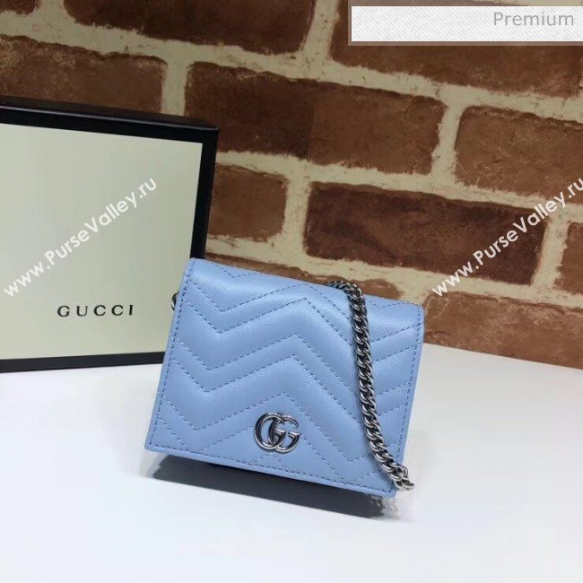 Gucci GG Marmont Matelassé Card Case Wallet With Chain 625693 Pastel Blue 2020 (DLH-20051117)