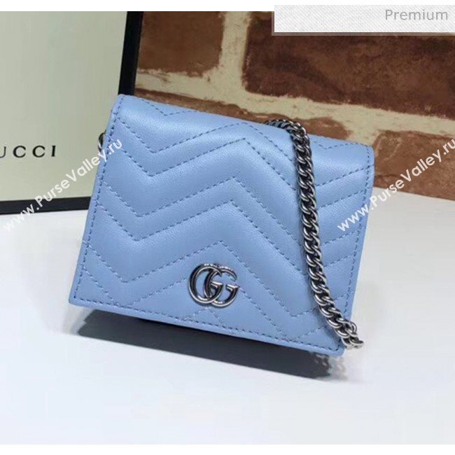 Gucci GG Marmont Matelassé Card Case Wallet With Chain 625693 Pastel Blue 2020 (DLH-20051117)