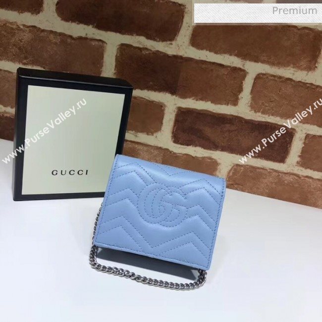 Gucci GG Marmont Matelassé Card Case Wallet With Chain 625693 Pastel Blue 2020 (DLH-20051117)