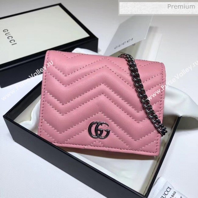 Gucci GG Marmont Matelassé Card Case Wallet With Chain 625693 Pastel Pink 2020 (DLH-20051118)