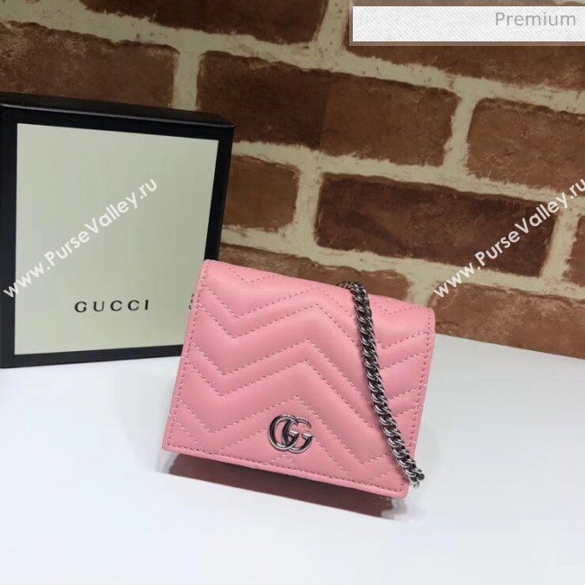 Gucci GG Marmont Matelassé Card Case Wallet With Chain 625693 Pastel Pink 2020 (DLH-20051118)