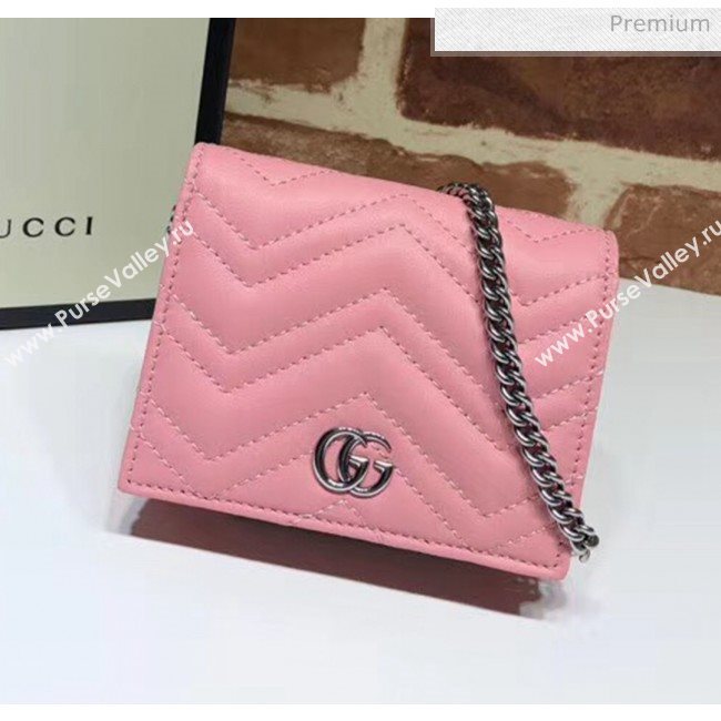 Gucci GG Marmont Matelassé Card Case Wallet With Chain 625693 Pastel Pink 2020 (DLH-20051118)