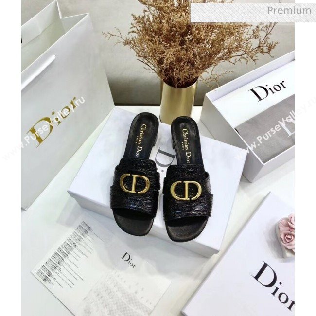 Dior 30 MONTAIGNE Heeled Slide Sandals in Crocodile Pattern Calfskin Black 2020 (JC-20051401)