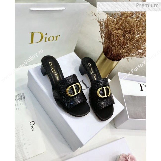 Dior 30 MONTAIGNE Heeled Slide Sandals in Crocodile Pattern Calfskin Black 2020 (JC-20051401)