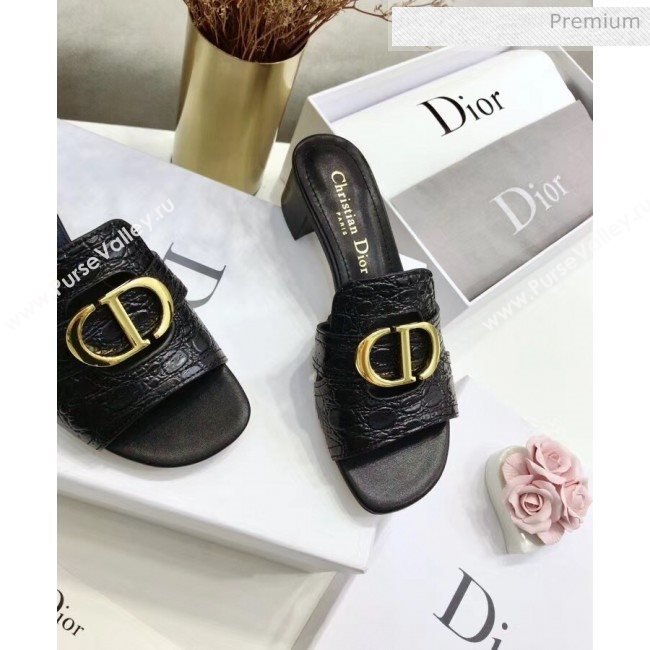 Dior 30 MONTAIGNE Heeled Slide Sandals in Crocodile Pattern Calfskin Black 2020 (JC-20051401)