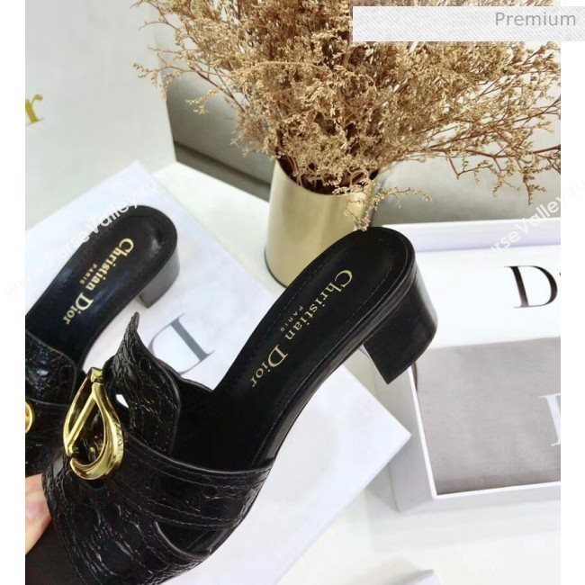 Dior 30 MONTAIGNE Heeled Slide Sandals in Crocodile Pattern Calfskin Black 2020 (JC-20051401)