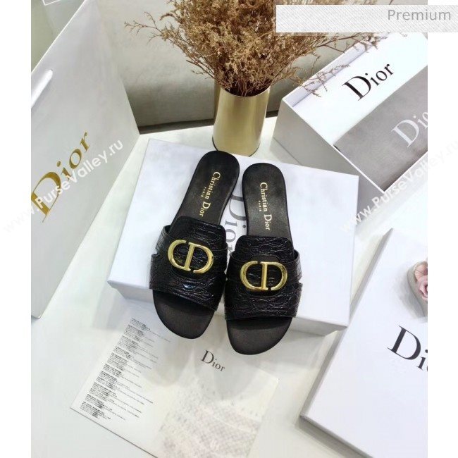 Dior 30 MONTAIGNE Mule Flat Sandals in Crocodile Pattern Calfskin Black 2020 (JC-20051402)