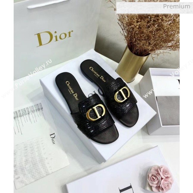 Dior 30 MONTAIGNE Mule Flat Sandals in Crocodile Pattern Calfskin Black 2020 (JC-20051402)