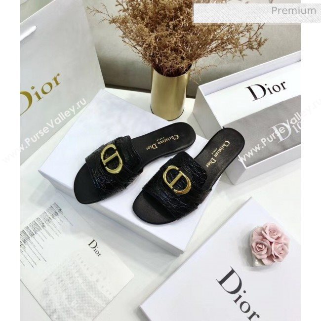 Dior 30 MONTAIGNE Mule Flat Sandals in Crocodile Pattern Calfskin Black 2020 (JC-20051402)