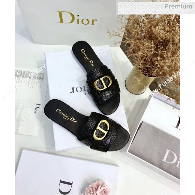 Dior 30 MONTAIGNE Mule Flat Sandals in Crocodile Pattern Calfskin Black 2020 (JC-20051402)