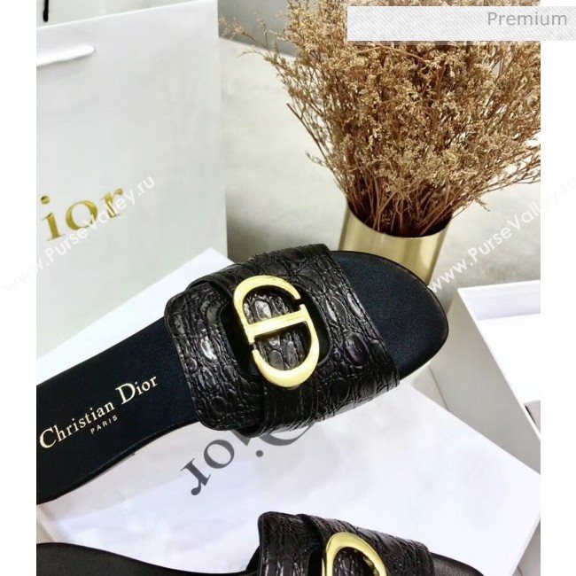 Dior 30 MONTAIGNE Mule Flat Sandals in Crocodile Pattern Calfskin Black 2020 (JC-20051402)