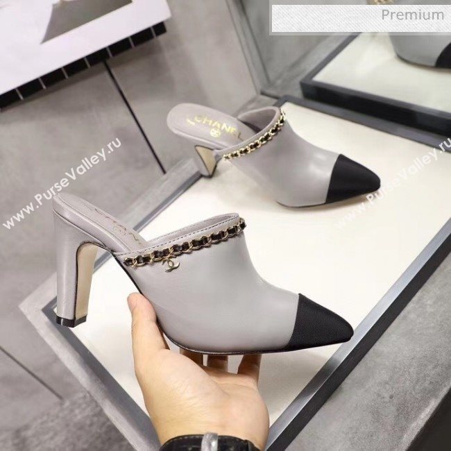 Chanel Lambskin Chain Mules With 8.5cm Heel Grey 2020 (MD-20052034)