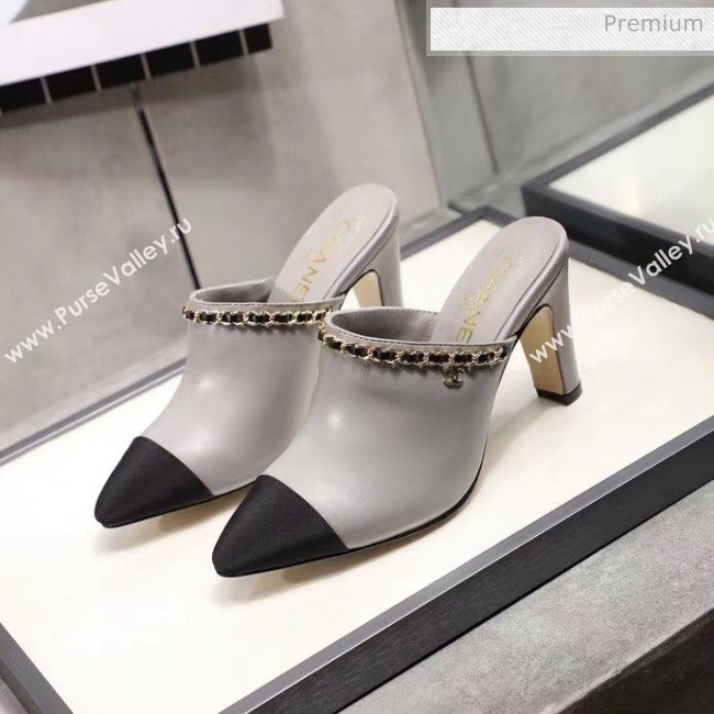 Chanel Lambskin Chain Mules With 8.5cm Heel Grey 2020 (MD-20052034)