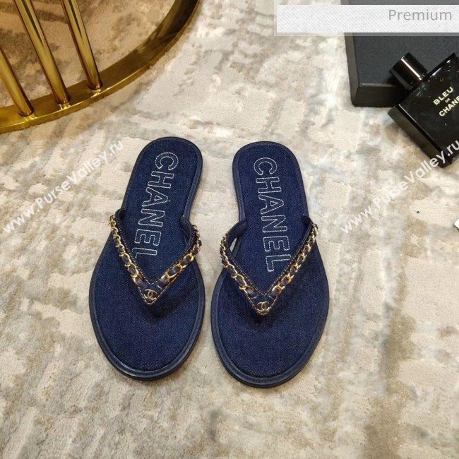 Chanel Denim Chain Flip Flops Sandals Deep Blue 2020 (DLY-20052120)