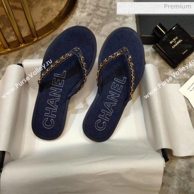 Chanel Denim Chain Flip Flops Sandals Deep Blue 2020 (DLY-20052120)