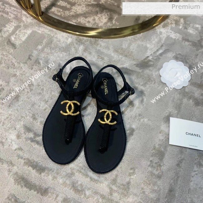 Chanel Tweed & Lambskin Thong Sandals With CC Logo Black 2020 (DLY-20052124)