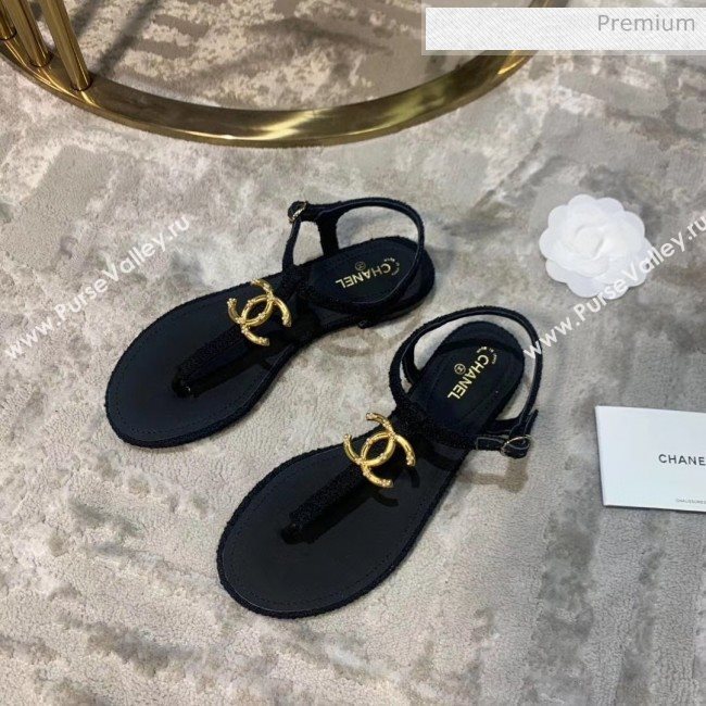 Chanel Tweed & Lambskin Thong Sandals With CC Logo Black 2020 (DLY-20052124)