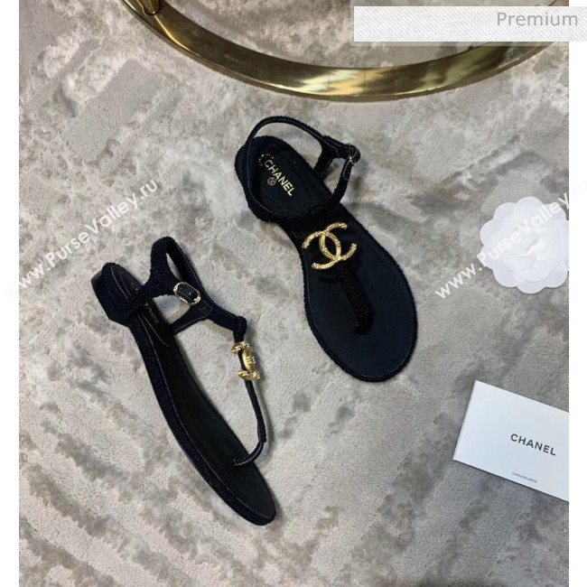 Chanel Tweed & Lambskin Thong Sandals With CC Logo Black 2020 (DLY-20052124)