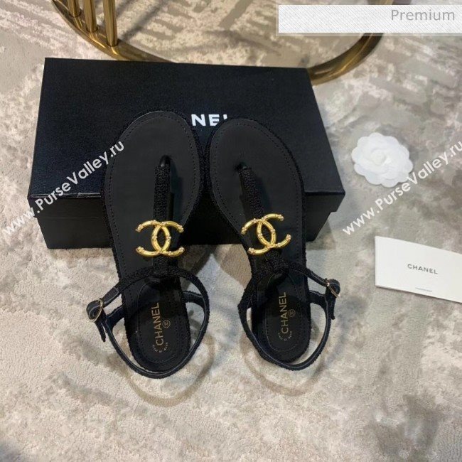 Chanel Tweed & Lambskin Thong Sandals With CC Logo Black 2020 (DLY-20052124)