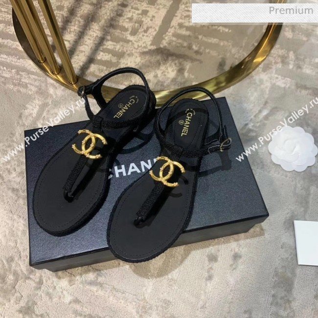 Chanel Tweed & Lambskin Thong Sandals With CC Logo Black 2020 (DLY-20052124)