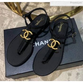 Chanel Tweed & Lambskin Thong Sandals With CC Logo Black 2020 (DLY-20052124)