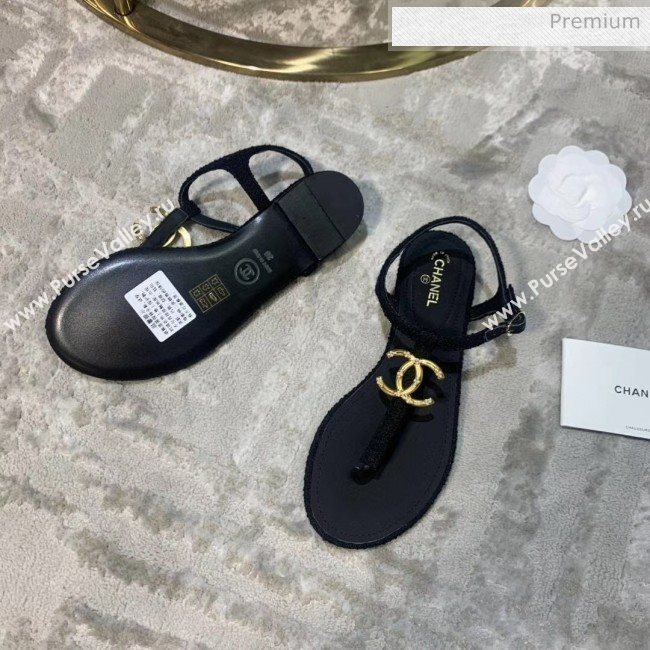 Chanel Tweed & Lambskin Thong Sandals With CC Logo Black 2020 (DLY-20052124)