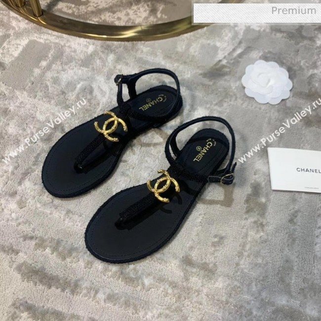 Chanel Tweed & Lambskin Thong Sandals With CC Logo Black 2020 (DLY-20052124)