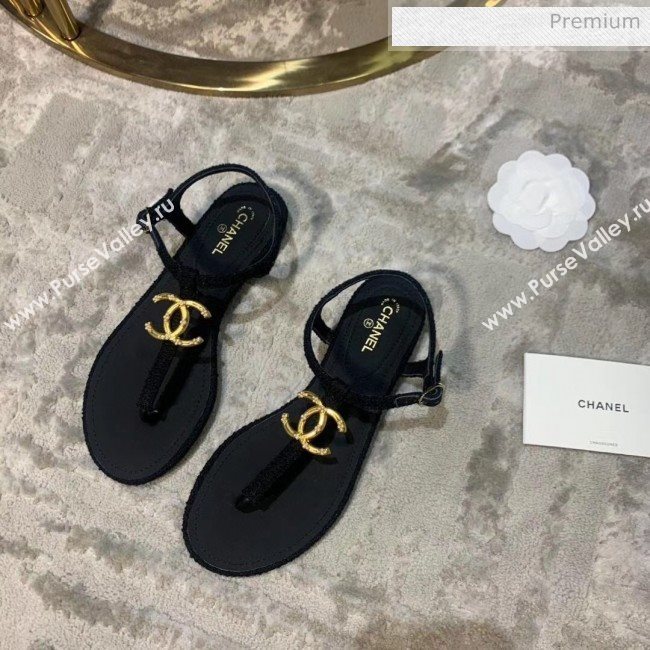 Chanel Tweed & Lambskin Thong Sandals With CC Logo Black 2020 (DLY-20052124)