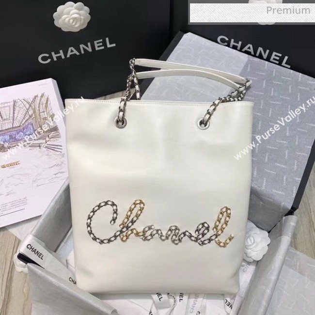 Chanel Calfskin & Chain Logo Shopping Bag White 2020 (SS-20052208)