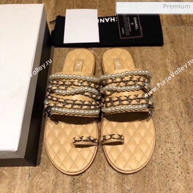 Chanel Lambskin Chains & Pearls Mules Sandals Beige 2020 (MD-20052722)