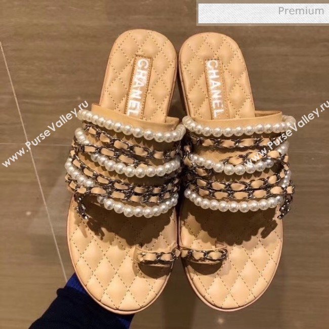 Chanel Lambskin Chains & Pearls Mules Sandals Beige 2020 (MD-20052722)